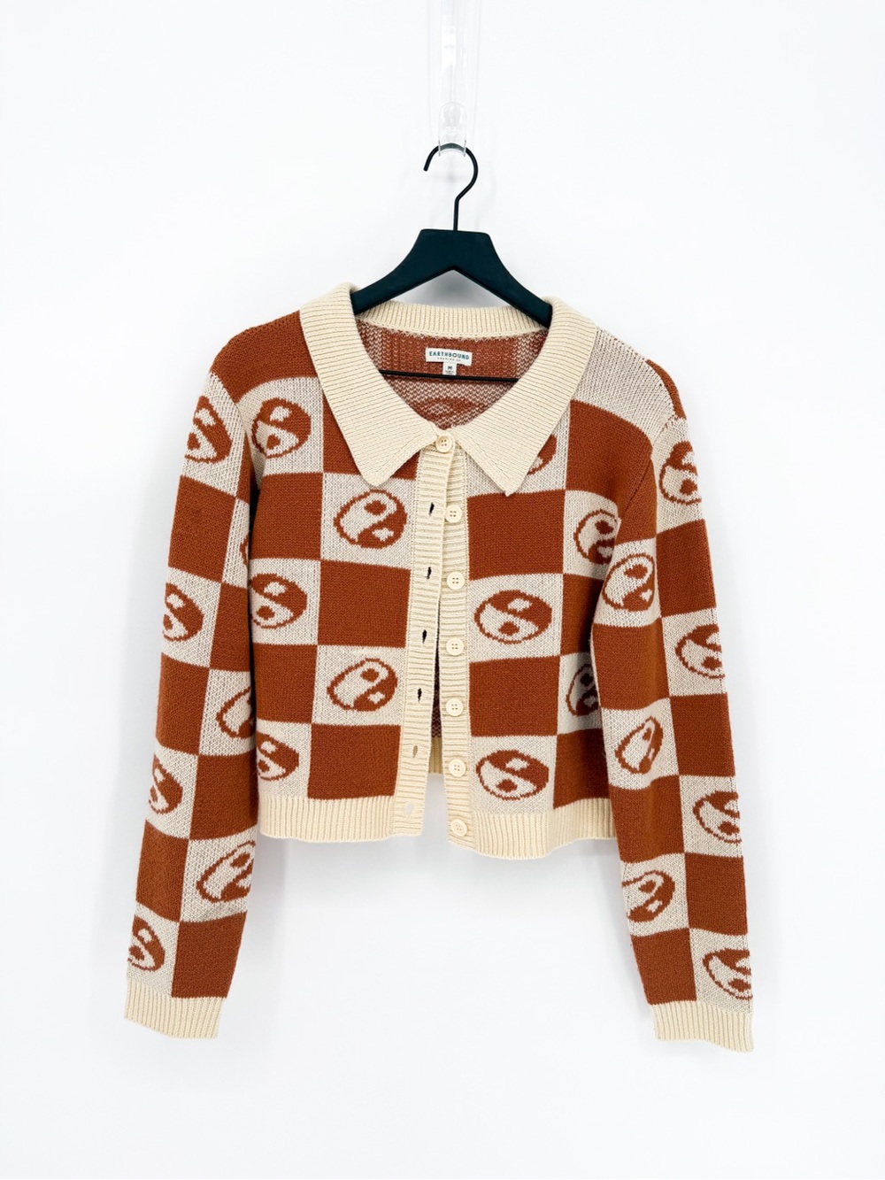 Earthbound Trading Co Yin Yang Checkered Cropped Cardigan Brown Cream Medium